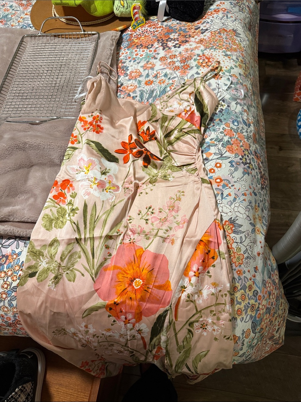 Lulu's Pink Floral Midi Slip Dress with Orange & Green Accents